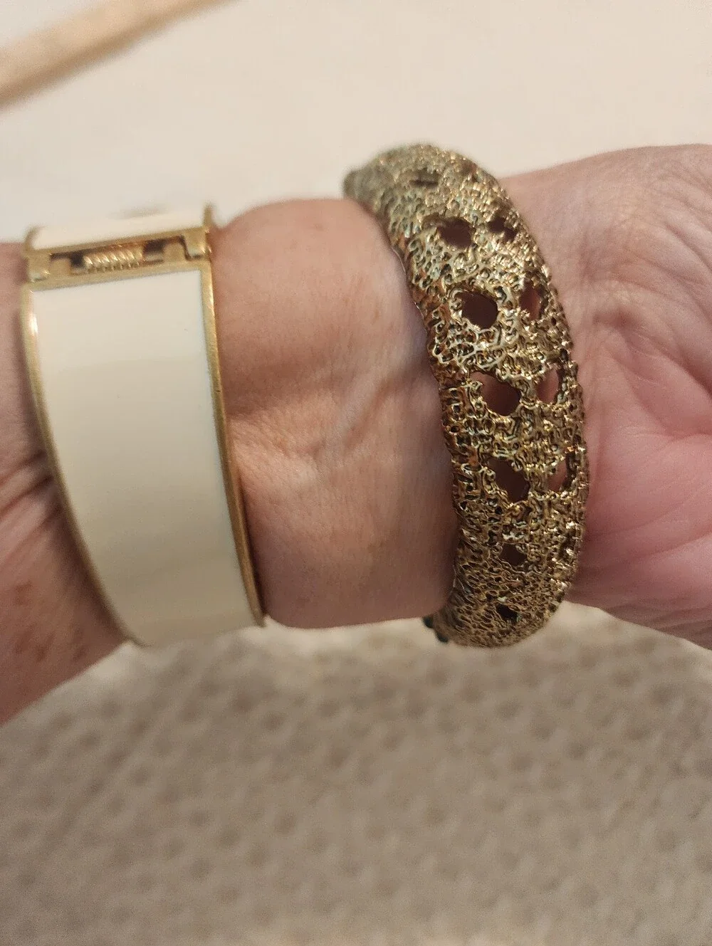 Pair Of Vintage Statement Clamper Bracelets Cream/Gold & Teal With Rhinestones